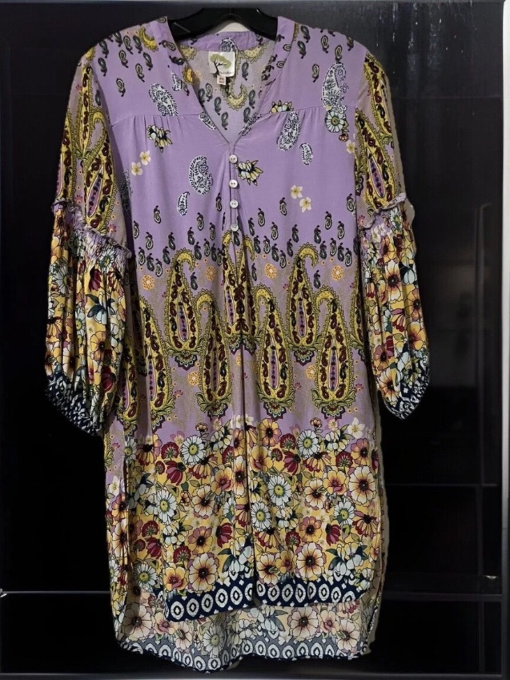 Fig & Flower Women Tunic Dress Purple Floral Paisley 3/4 Sleeve V-neck Sz Med